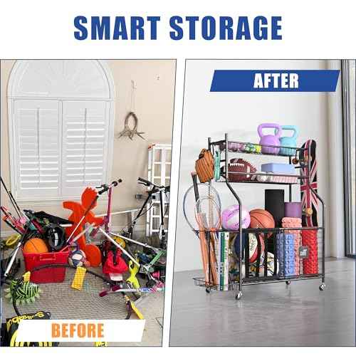 Mythinglogic Garage Sports Equipment Organizer, Baseball Storage Large Capacity, Sports Organizer for Garage with Hooks and Baskets, Ball Storage Rack for Football, Soccer Ball, Bat, Toys
