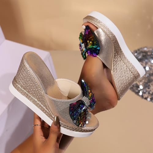 Generic Wedge Sandals for Women Summer 2024 Fashion Slippers Open Toe Casual Wedges Slip On Platform Sandals Women Beach Travel Walking Shoes Comfortable, 7, Gold-2