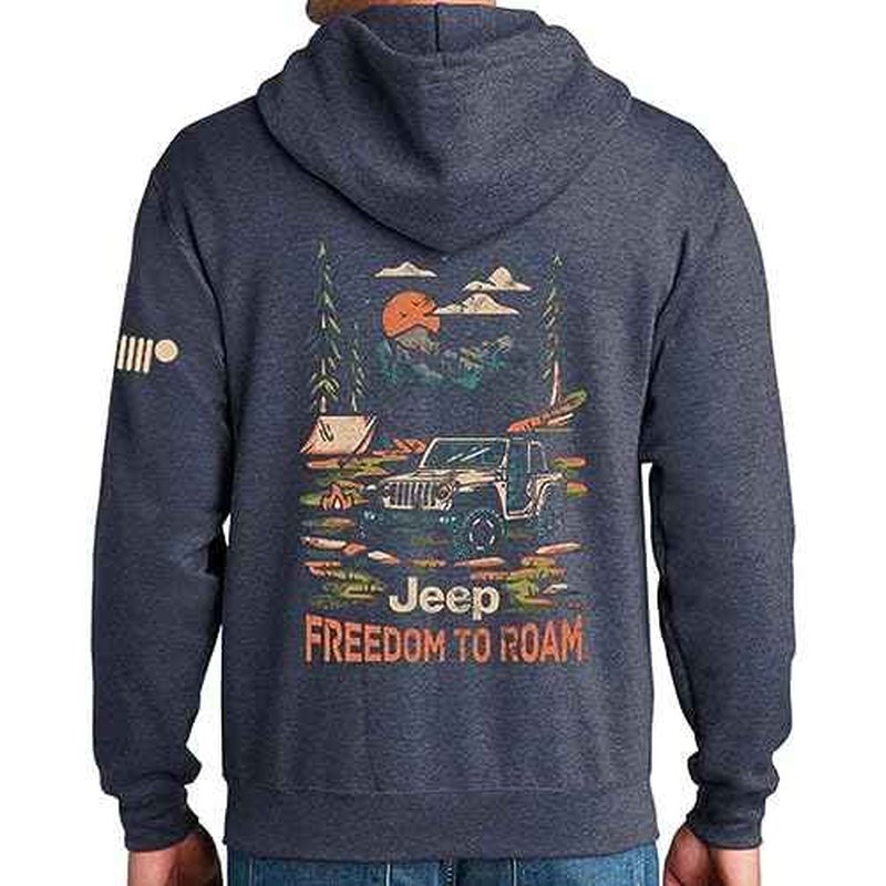 Jeep Freedom To Roam Full-Zip Hoodie Hooded Midweight Sweatshirt - Heather Navy Blue