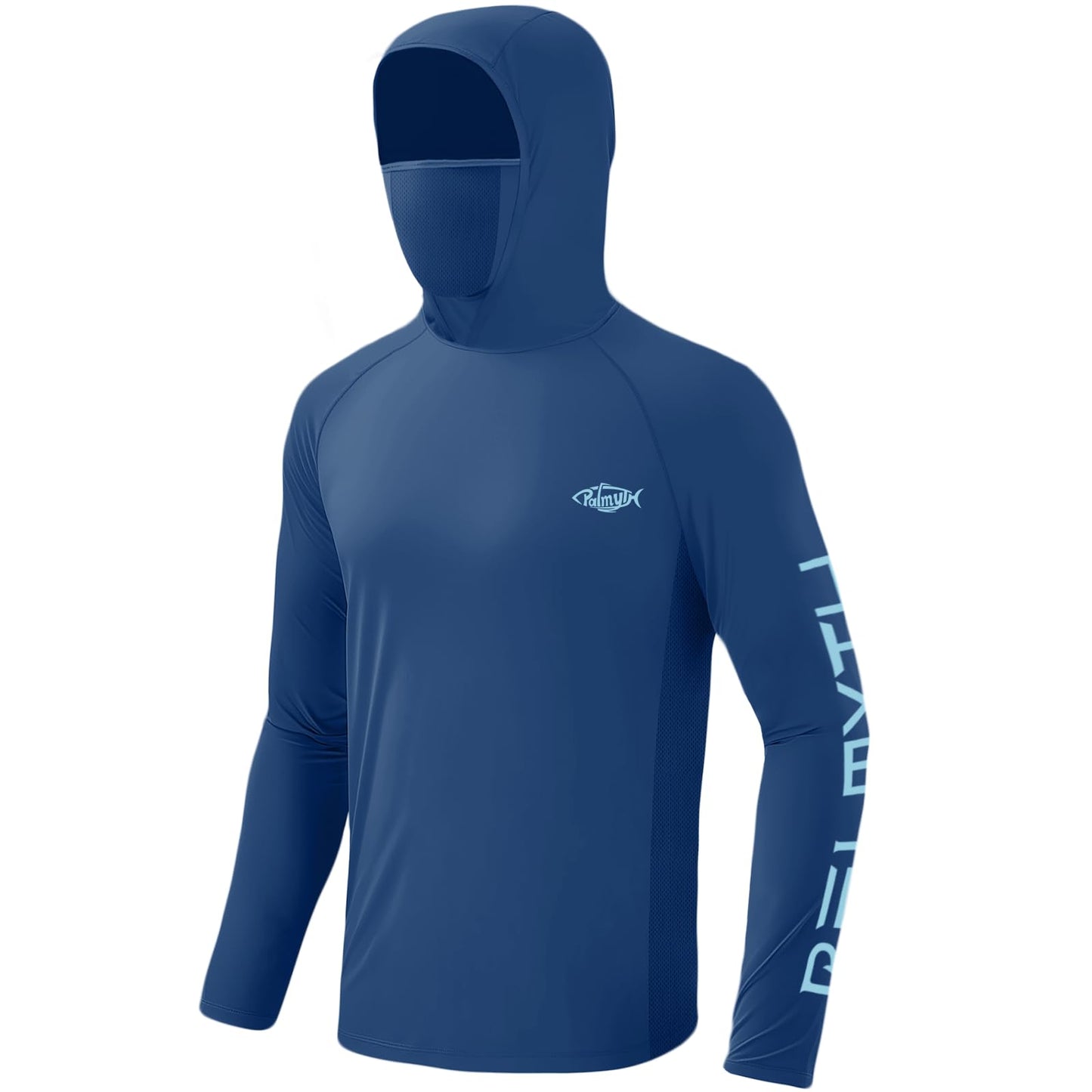 Palmyth Mens Fishing Shirts UV Sun Protection Vented Hoodie Long Sleeve with UPF 50+ Neck Gaiter Navy Ice Bass X-Large