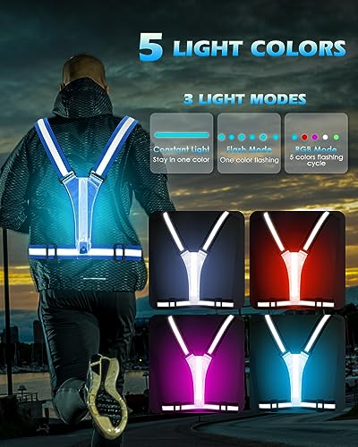 Zacro LED Reflective Vest Running Gear, 5 Lights Colors High Visibility Reflective Running Gear Rechargeable Light Up Running Vest for Walking Running Cycling, Adjustable for Men Women Kids (Blue)