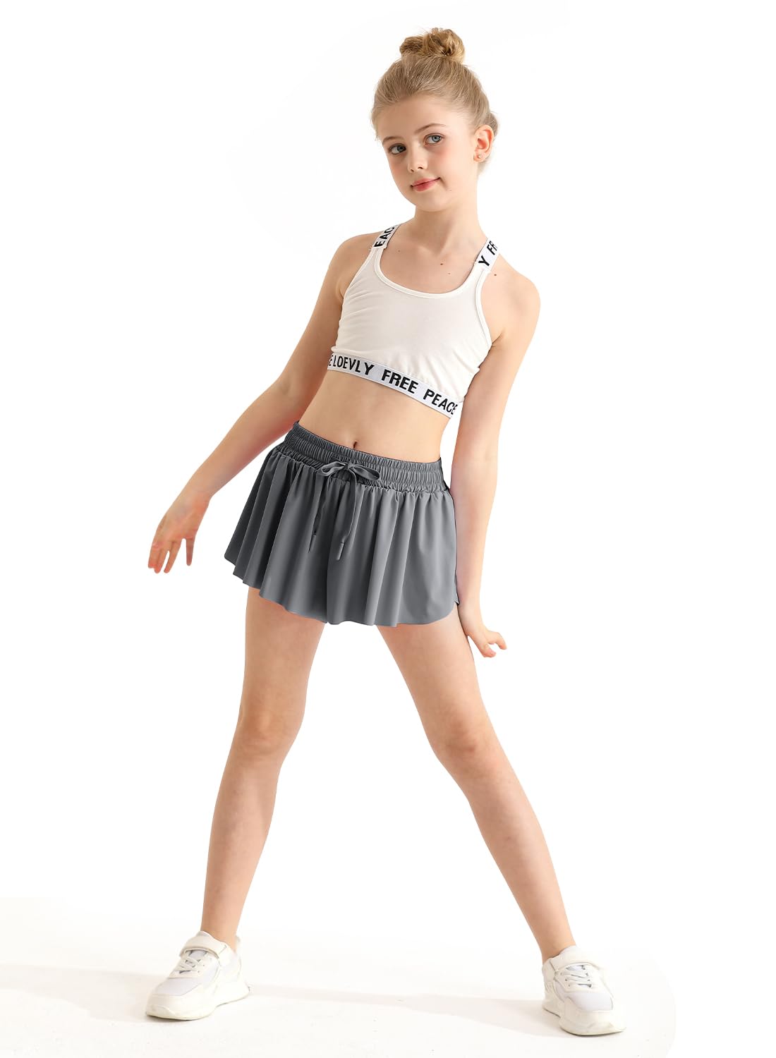 Girls Flowy Shorts with Spandex Liner 2-in-1 Youth Butterfly Skirts Grey for Fitness, Running, Sports 5-6 Years