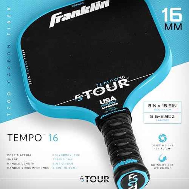 Franklin Sports Pro Pickleball Paddles - FS Tour Series Raw Carbon Fiber T700 - USA Pickleball Approved - Unibody Epoxy Resin Injected Edge - Dynasty + Tempo - 14mm/16mm Core - Gray, Blue + Pink