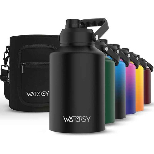 WATERSY 1 Gallon Water Bottle Insulated(Cold for 48 Hrs),BPA Free&Leak Proof,128oz Stainless Steel Water Jug with Handle for Gym,Hiking,Camping&Travel,Black Large Thermo