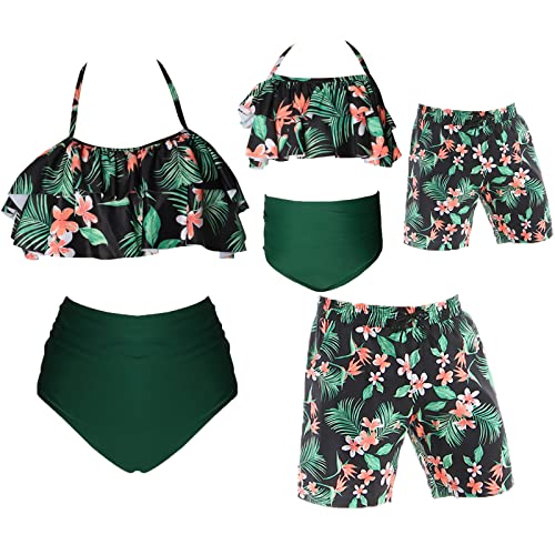 Family Matching Swimsuits Leaves Print Bathing Suit Swimwear Set Green Boys 5-6 Years