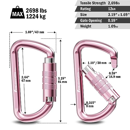 FresKaro 3inch Locking Carabiner Clips with a Twist Auto Lock, Heavy Duty Rated 2698lbs, Lightweight & Rustproof 7075 Aluminum, for Hammocks, Yoga Swings, Camping, Keychain or Backpacks. 2pcs, Pink.