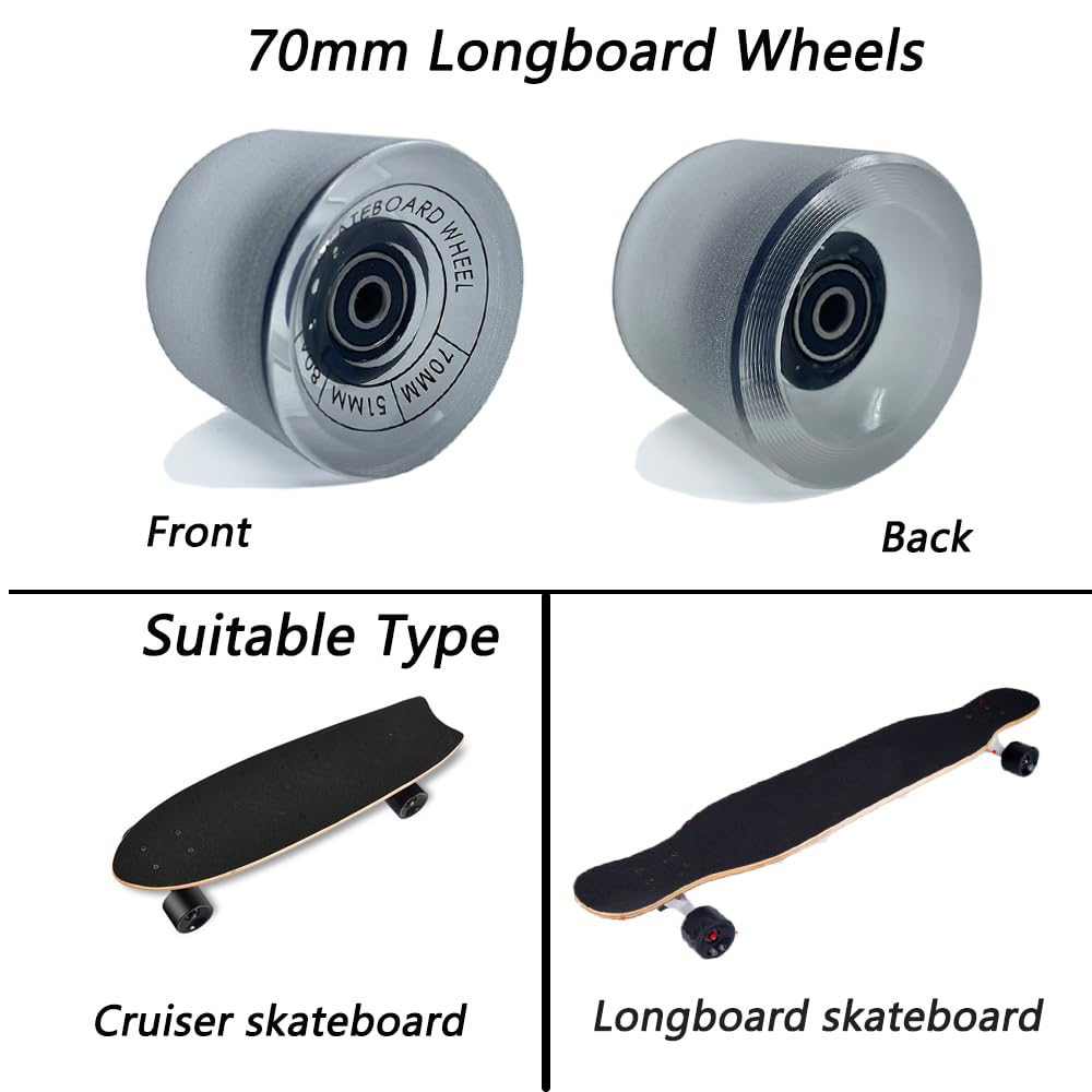 LOOEEL 70mm Longboard Wheels 80A Contains ABEC-9 Bearings and Spacers,Skateboard Riser Pads,Skateboard Hardware Screws Bolts,fit for Your Longboard Skateboards.-Transparent Frosted