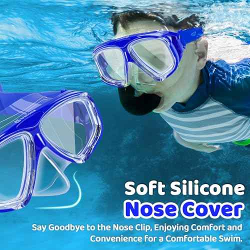 Vvinca Swim Goggles with Nose Cover, Snorkel Diving Mask Fabric Strap Wide View Anti-Fog/UV Swimming Goggles for Kids 3-14