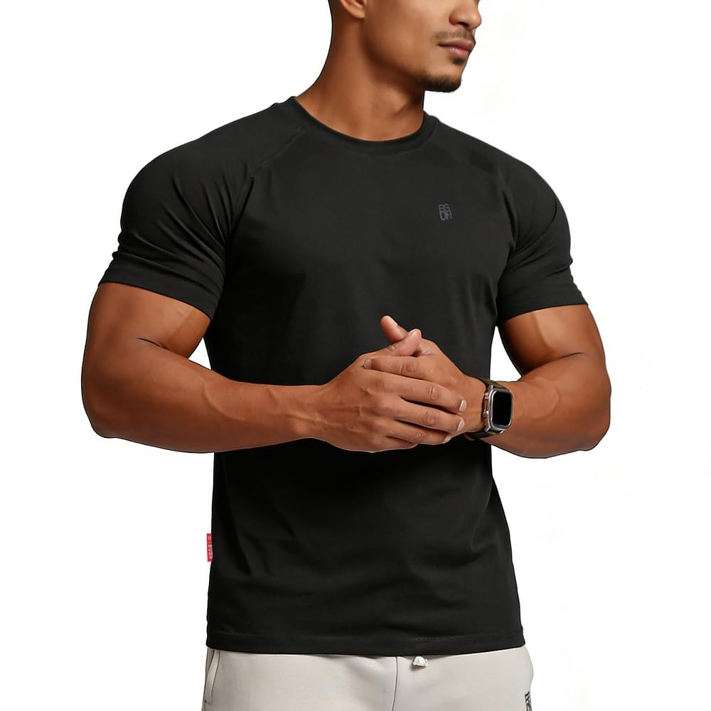 BVSN Casual Short Sleeve Crew Neck Classic Wicking Breathable Fitness Muscle Athletic T Shirts Men (US, Alpha, Large, Regular, Black)