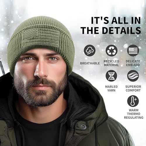 OUTDOOR SHAPING American Flag Embroidered Knit Cuffed Beanie for Men Women Tactical Winter Warm Hat