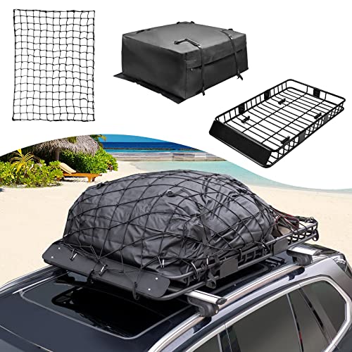 Leader Accessories Roof Rack Cargo Basket Set, Cargo Carrier Bag 15 Cubic Feet Capacity with Car Top Luggage Holder Adjustable Length 43/64 inches Cargo Net 3' x 4' for SUV, Van, Sedan,Jeep