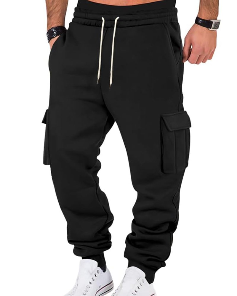 PIDO YOGA Men's Cargo Sweatpants Fleece Casual Jogging Hiking Pants Baggy Sweat Pants for Men Running Athletic Workout with Pockets,Black
