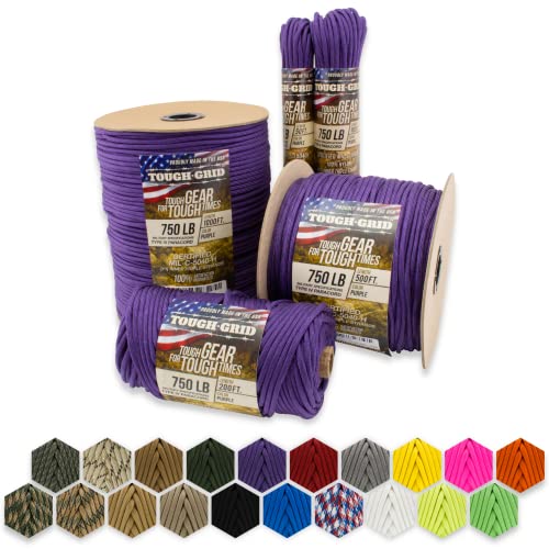 TOUGH-GRID 750lb Paracord/Parachute Cord - 100% Nylon Mil-Spec Type IV Paracord Used by The US Military, Great for Bracelets and Lanyards, 50Ft. - Purple