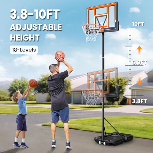 Basketball Hoop Outdoor 3.8-10 ft Adjustable, Swimming Pool Basketball Goal System for Kid Youth and Adult in Backyard Driveway Indoor, Portable 44 Inch Backboard and Larger Base (Orange)