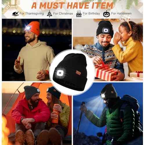 YunTuo Fleece Lined Beanie Headlamp Hat with Light, Rechargeable LED Winter Cap, Gifts for Men Women Husband