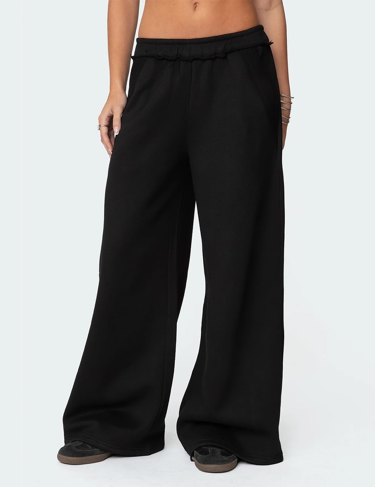 HeSaYep Womens Fleece Lined Sweatpants Wide Leg Baggy Thermal Lounge Pants Raw Hem Elastic Waist Oversized Sweat Pants,Black M