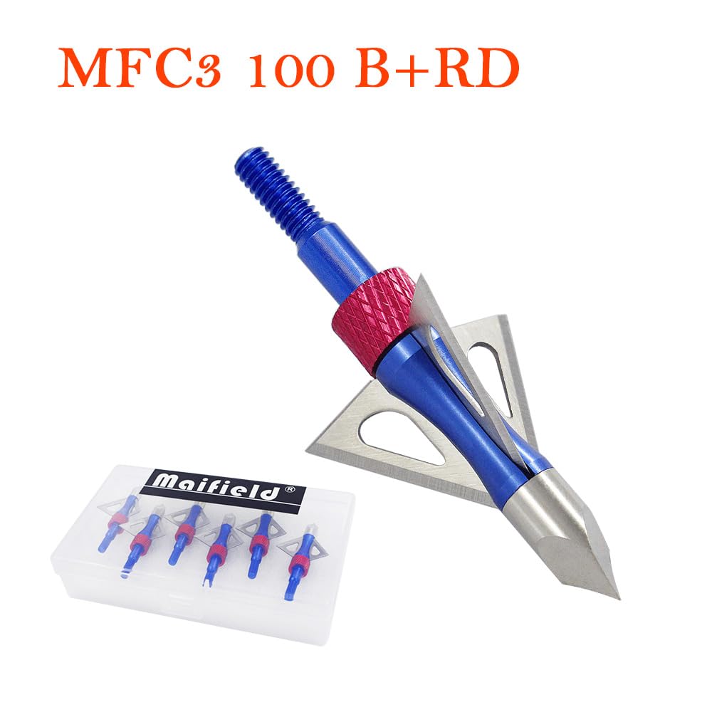 maifield Archery Broadheads 100 Grain Bowhunting Arrow Head 3 Fixed Blades 6 Pack for Small Game Crossbows and Compound Bow Arrows (Blue+Red 6PCS)