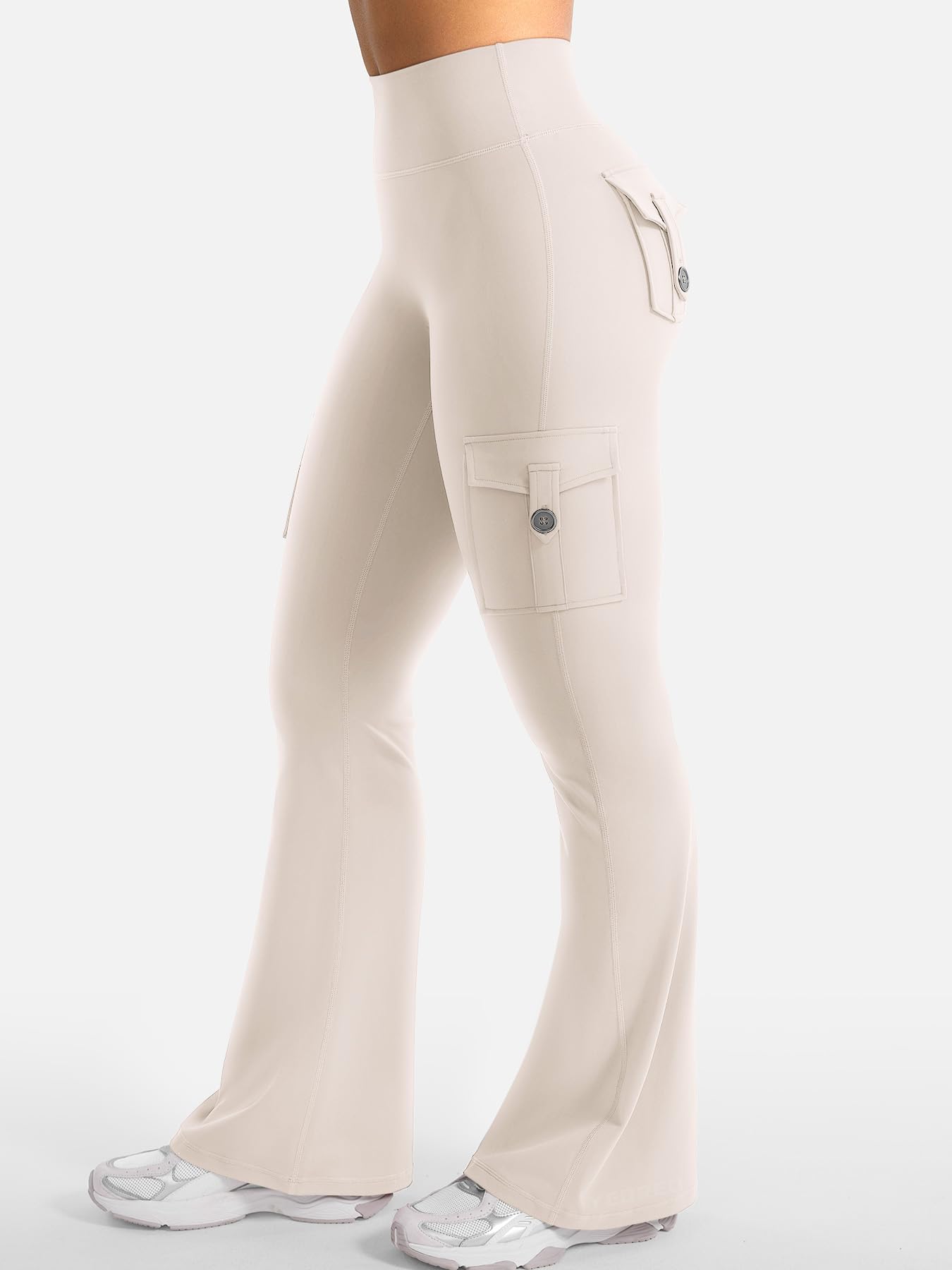 YEOREO CoreFlex Women Workout Flare Leggings with Pockets Hidden Scrunch High Waisted Cargo Gym Yoga Leggings Light Khaki XL