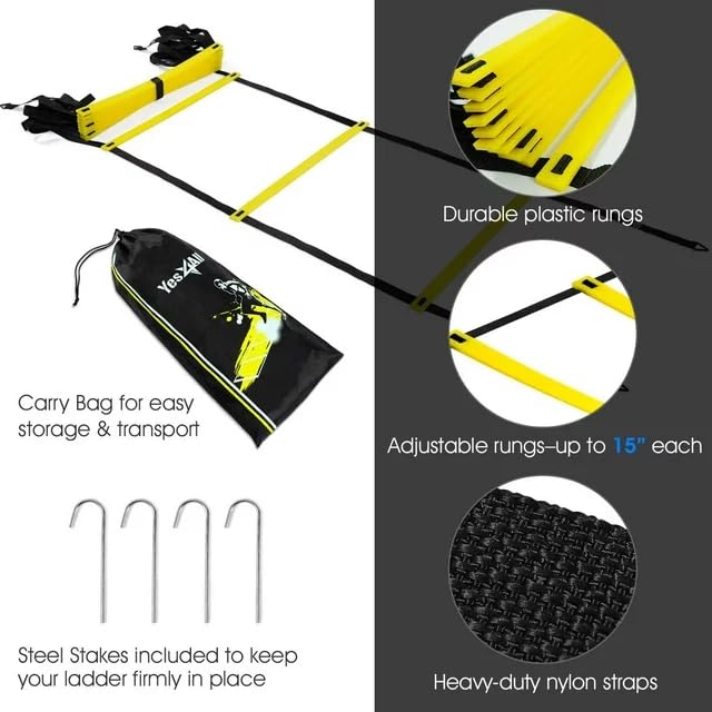 Yes4All Ultimate Combo Agility Ladder Training (Yellow) Set – Speed Agility Ladder Yellow 12 Adjustable Rungs, 12 Agility Cones & 4 Steel Stakes - Included Carry Bag