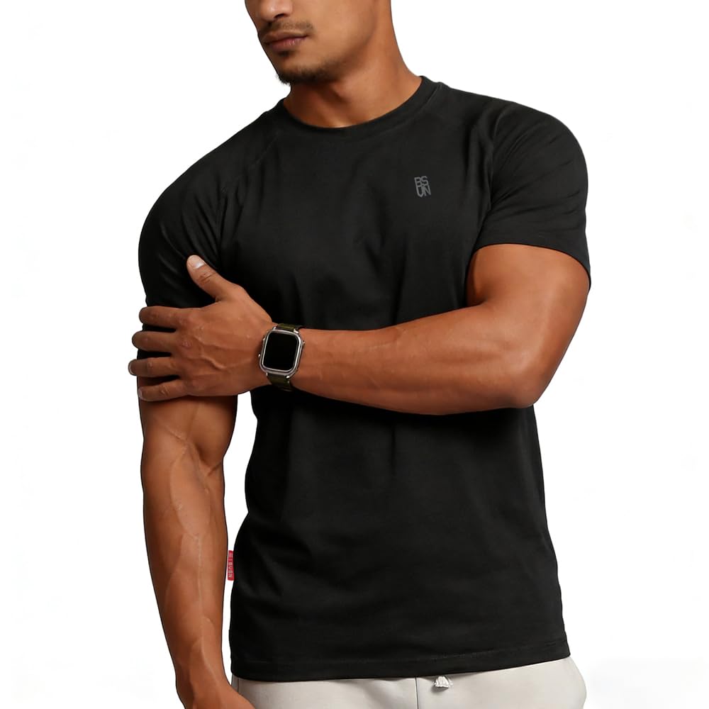 BVSN Casual Short Sleeve Crew Neck Classic Wicking Breathable Fitness Muscle Athletic T Shirts Men (US, Alpha, Large, Regular, Black)