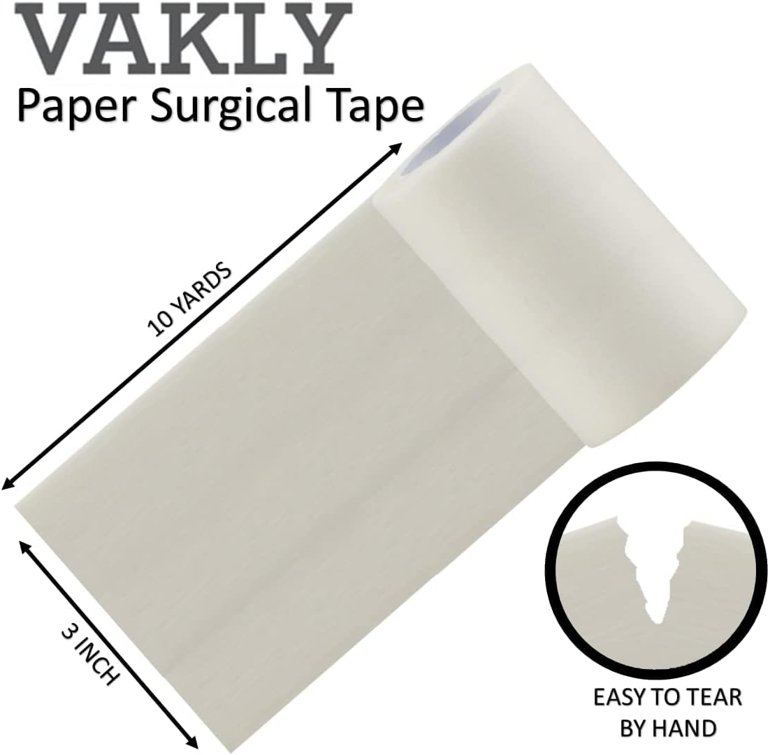 Vakly Paper Medical Tape 3 in x 10 yd (6 Rolls) – Microporous Breathable Adhesive First Aid Tape, Latex-Free Hypoallergenic Bandage & Wound Dressing Tape