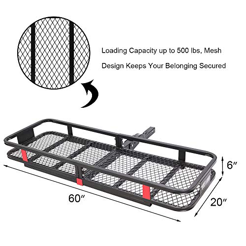 TUFFIOM 60" L x 20" W x 6" H Hitch Mount Cargo Carrier Folding Rack, 500lbs Heavy Duty Trailer Steel Luggage Basket with Waterproof Cargo Bag, Straps, Net & Stabilizer for Camping Travel