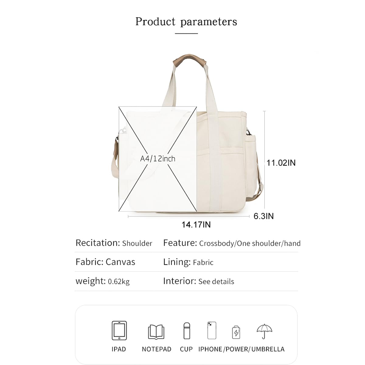 Eagerrich Canvas Crossbody Tote Bag with Multi Pockets for Women Work Large Handbags Shoulder Bag Messenger Bag Travel Purse Commuter Everything Tote Bag with Compartments(Black)