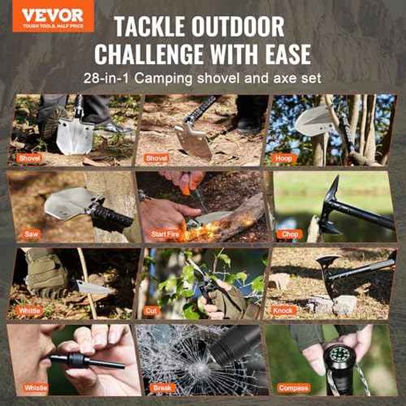 VEVOR Survival Shovel Survival Axe, 28-in-1 Camping Folding Shovels with Hatchet, Stainless Steel Tactical Shovel Hatchet Combo, Multifunctional Emergency Survival Gear Equipment for Camping Hiking