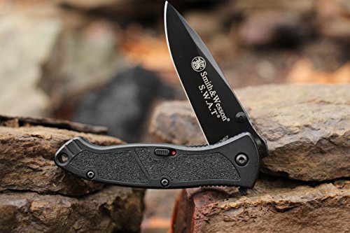 Smith & Wesson SWATMB 7.5in High Carbon Stainless Steel Assisted Opening Knife with 3.2in Drop Point Blade and Aluminum Handle for Outdoor, Tactical, Survival and EDC, Black