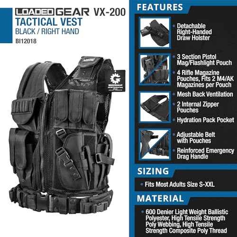 Barska Loaded Gear VX-200 Tactical Vest with Holster, Belt, Pouches, and Pockets - for Airsoft, Paintball, and Hunting