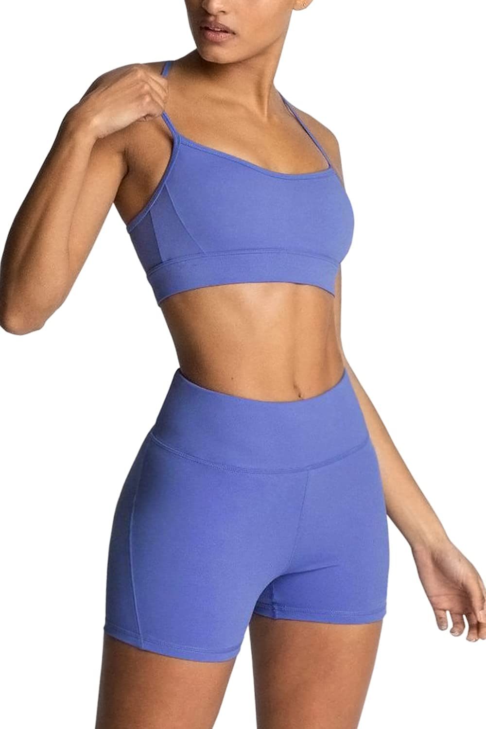 IMEKIS Workout Sets for Women 2 Piece Yoga Outfit: Tracksuits High Waisted Running Biker Shorts with Adjustable Strap Sport Bra Exercise Running Clothes Athletic Gym Sets Matching Active Wear Blue S