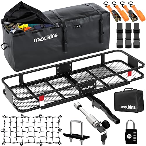 Mockins 60"x20"x6" Folding Trailer Hitch Cargo Carrier & 16 Cu.Ft. Waterproof Tow Hitch Cargo Carrier Bag |500Lbs Cap Hitch Mount Cargo Carrier Hitch Rack Set w/Cargo Hitch Carrier Bag & Accessories