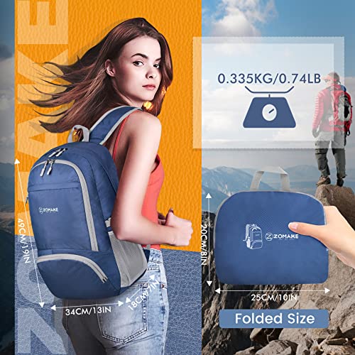 ZOMAKE Lightweight Packable Backpack 30L - Foldable Hiking Backpacks Water Resistant Compact Folding Daypack for Travel(Navy Blue)