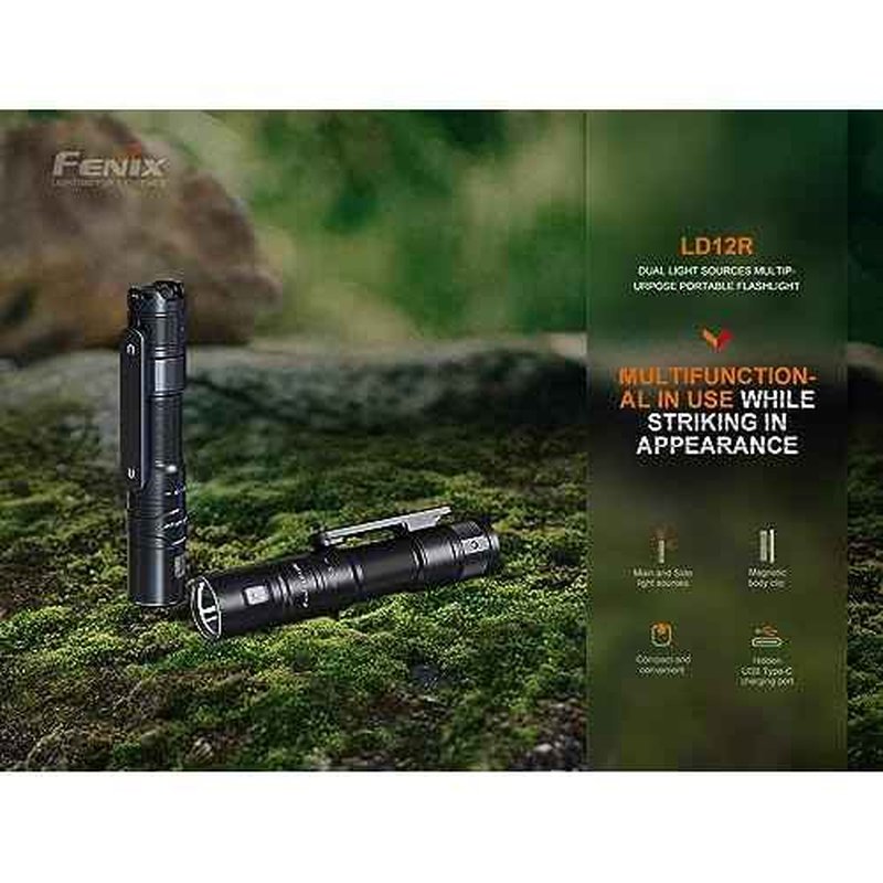 Fenix LD12R EDC Flashlight, 600 Lumen USB-C Rechargeable, AA Compatible, Main and Side Dual LEDs Work Light with Magnetic Clip and Lumentac AA Organizer