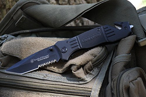 Smith & Wesson SWFR2S 8in High Carbon S.S. Folding Knife with 3.3in Tanto Point Serrated Blade and Aluminum Handle for Outdoor, Tactical, Survival and EDC