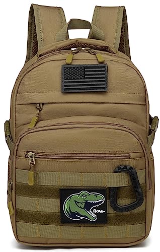 Kids Tactical Backpack Army Molle Bookbag Military Boys Backpack for School, Outdoor, Camping (Includes 2 Patches +1 Carabiner), Brown