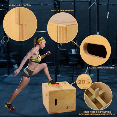 Yes4All 3 in 1 Wooden Plyo Box, Plyometric Box for Home Gym and Outdoor Workouts - 20x18x16"