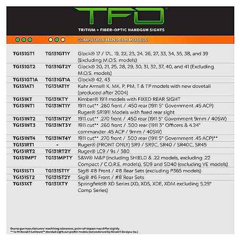 Truglo TFO Tritium & Fiber-Optic Handgun Sight | Durable Compact High-Visible Front & Rear Night Sight Set, Compatible with 1911 Handguns
