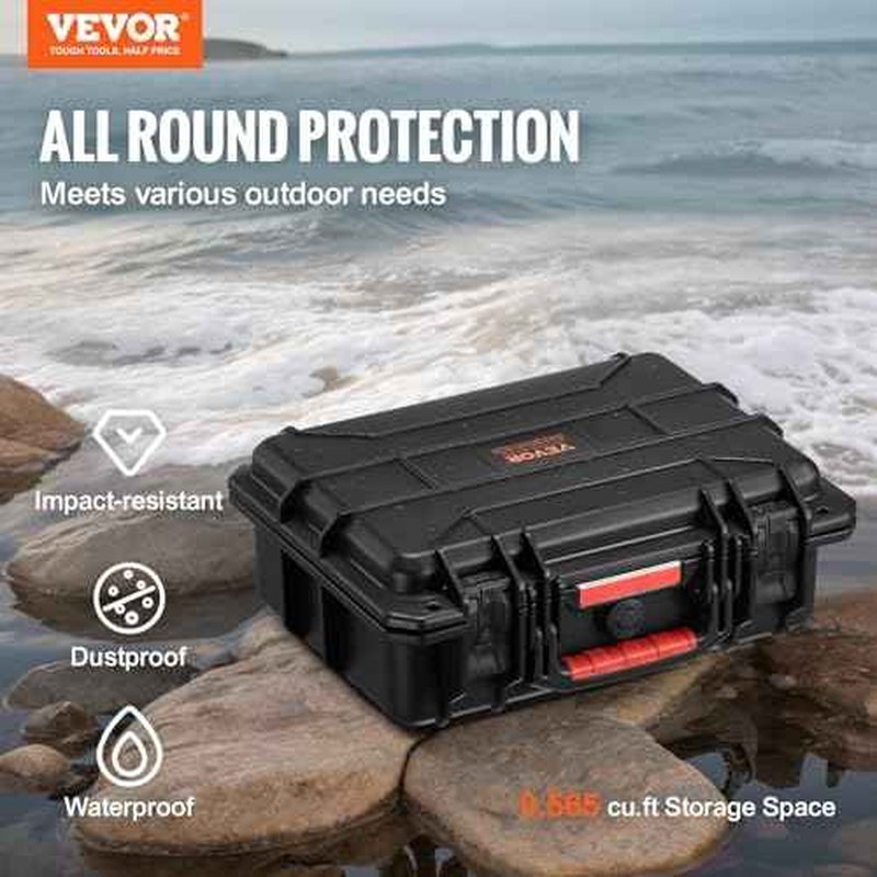 VEVOR Weatherproof Hard Case, Heavy Duty Protective Dry Box Case with Pre-cut Foam, Retractable Pull Handles for Travel, Hunting, Military, Tactical, IP67 Waterproof for Cameras(14.96x11.81x5.51)
