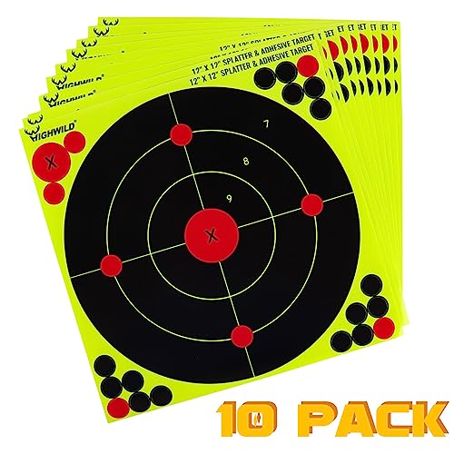 Highwild 12X12 Inch Splatter Adhesive Bullseye Fluorescent Yellow Shooting Target Stickers - Suitable for Handguns, Rifles, BB Guns, Airsoft, Pellet Guns - 10 Pack