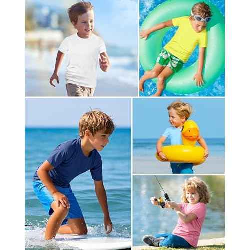 isnowood Boys' Rash Guard Short Sleeve, UPF 50+ UV Sun Protection Swim Shirt, Youth Kids Water Shirts for Surf Beach Fishing