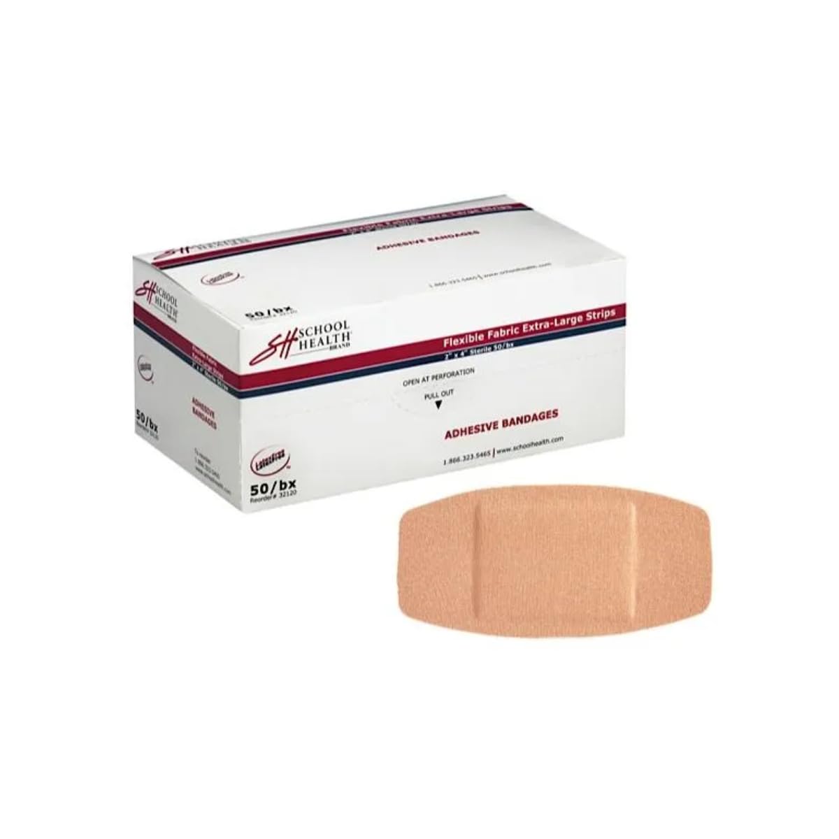 School Health - Adhesive Bandages, Comfortable Form-Fitting Protection & Wound Care for Cuts and Scrapes, Premium Adhesive Stays Secure with Movement, X-Large Flexible Fabric Bandages, 2" X 4" 50/Box