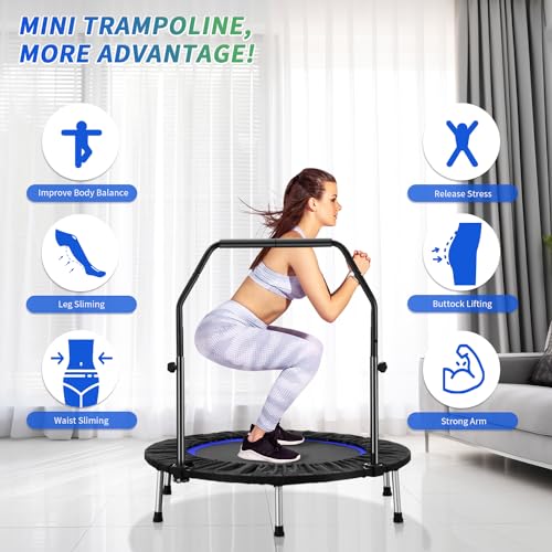 40" Rebounder Trampoline for Adults Fitness Rebounder Trampoline Indoor Outdoor with Adjustable Bar Foldable Min Trampoline Jumping Workouts