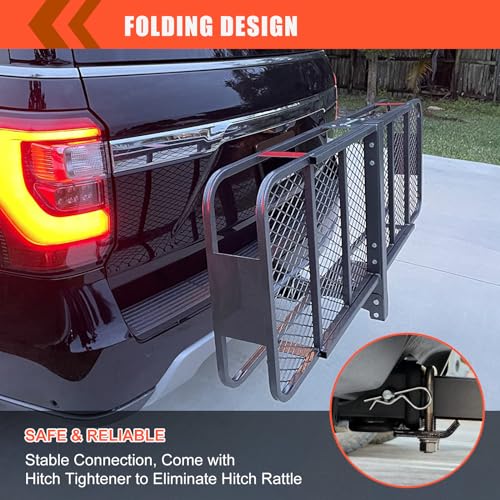 MeeFar Folding Hitch Mount Cargo Carrier Basket 60" X 20" X 6"+Waterproof Cargo Bag 16 Cubic Feet(58" 19" 24"),Hauling Weight Capacity of 500 Lbs and A Folding Arm.with Hitch Stabilizer,Net and Straps