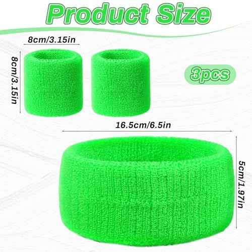 Neon Headband, 3 Pcs Elastic Sweatbands Cotton Arm Sweat Bands Wristband Soccer Headband Green Accessories 80s Accessories for Men Women Kids Workout Party Gym Running Sports Tennis (Green)
