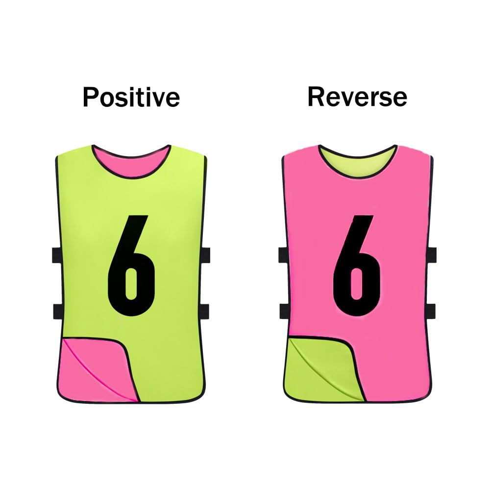 Saaifuu 12 Pack Reversible Numbered Pinnies, Double Sided Scrimmage Vest,Team Practice Jerseys for Kids and Adult(Pink/Neon Green, XL)