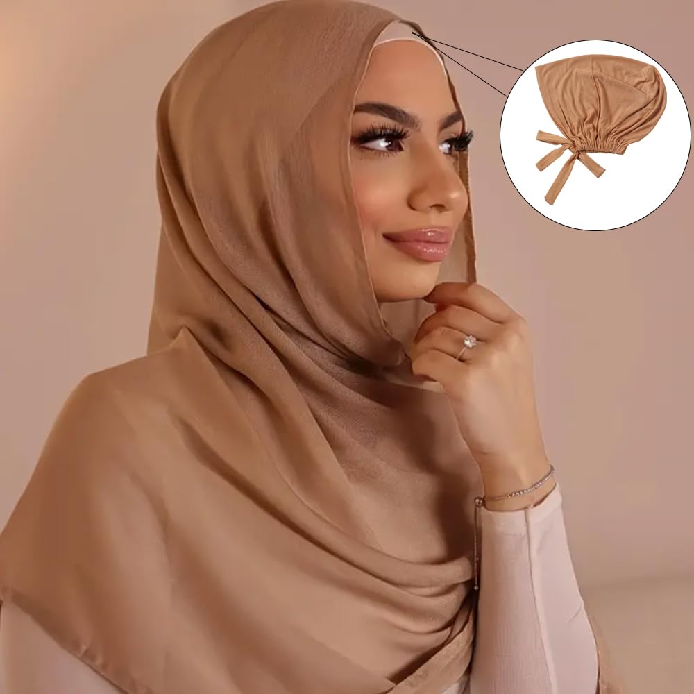 Hophor Black Hijab Undercap Islamic Muslim Under Scarf Hijab Caps with Tie-Back Closure Women Chemo Hat (Black+Nude)