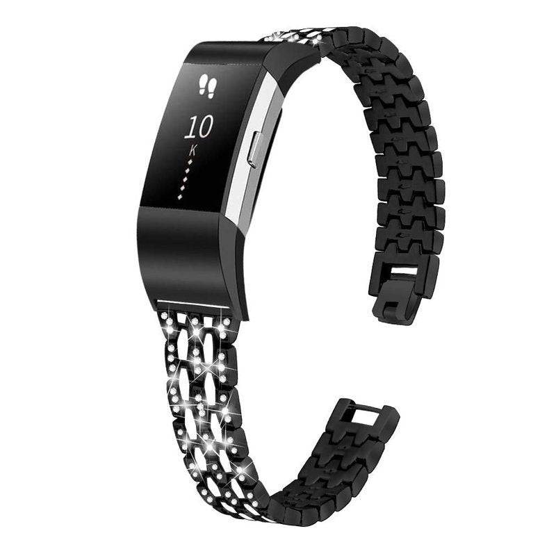 GIMart Bling Strap Compatible For Fitbit Charge 2 Strap, Women Men Stainless Steel Rhinestone Replacement Charge 2 Band Wrist Strap Metal Bracelet Wristband for Fitbit Charge 2 HR Fitness Tracker (Black)