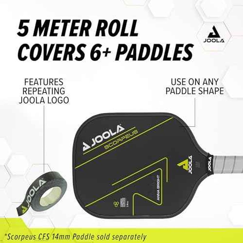 JOOLA Pickleball Paddle Edge Tape - Protects Edge Guard & Covers Lead Tape for Paddles - Fits Any Brand & Most Sizes of Pickleball Rackets - 5 Meter Extra Long Roll for 6 Racquettes