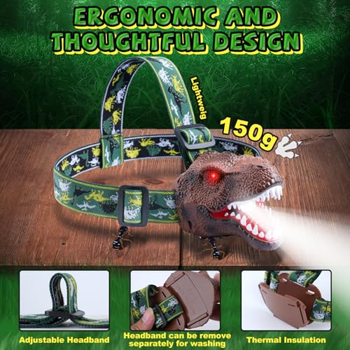 Nitigo Dinosaur Headlamp for Kids Flashlight Rechargeable Led Headlights Roar & Silent Mode, T-Rex Dinosaur Toys, Camping Gear, Gifts for Boys Girls Adults